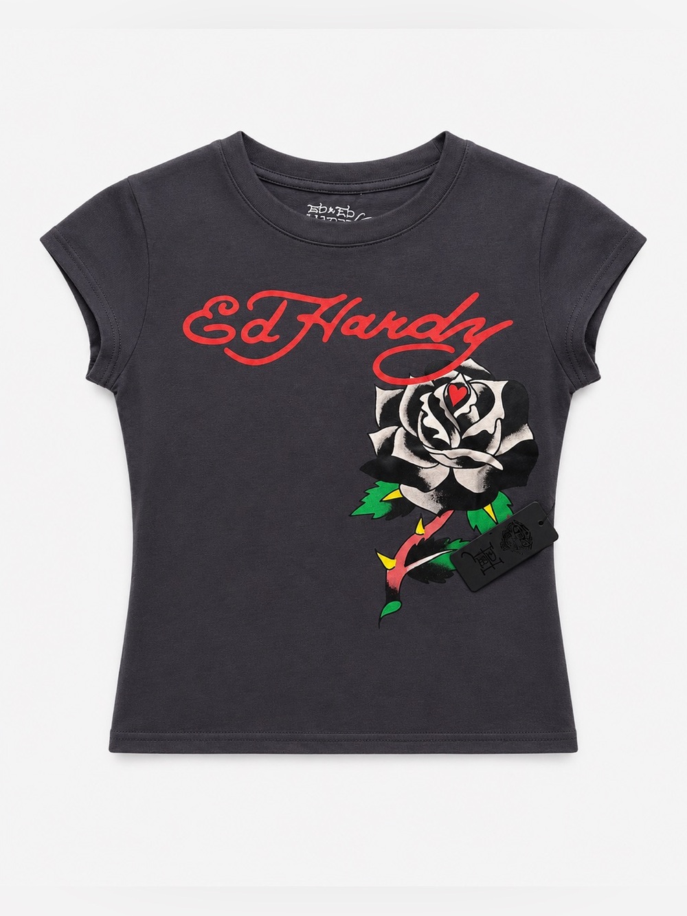 Ed Hardy Y2K Rose Graphic Baby Tee Charcoal Grey Tattoo Top Size L